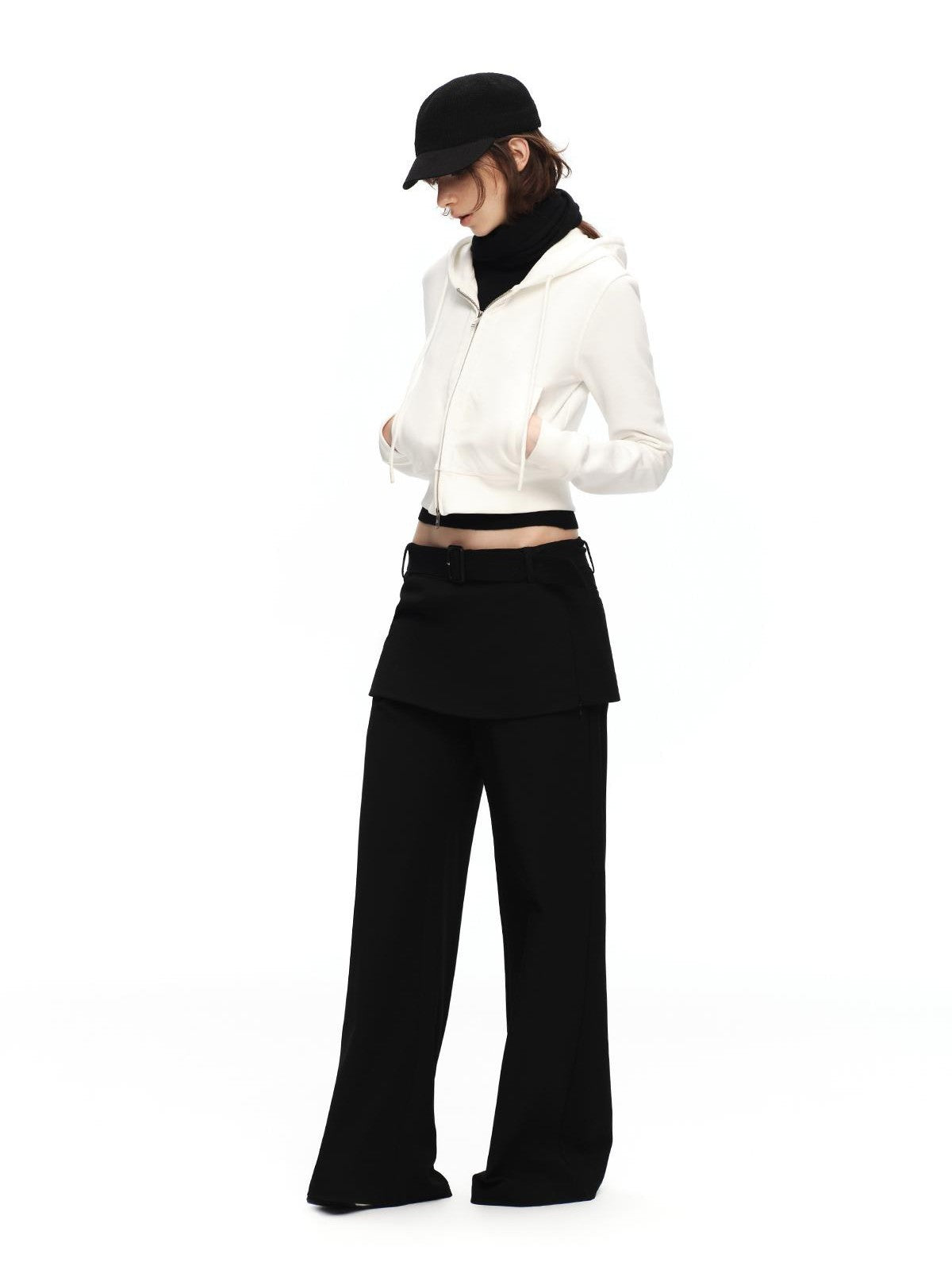 RUN TO THE FUTURE Solid Ruched Zip Front Cropped Hooded Women&