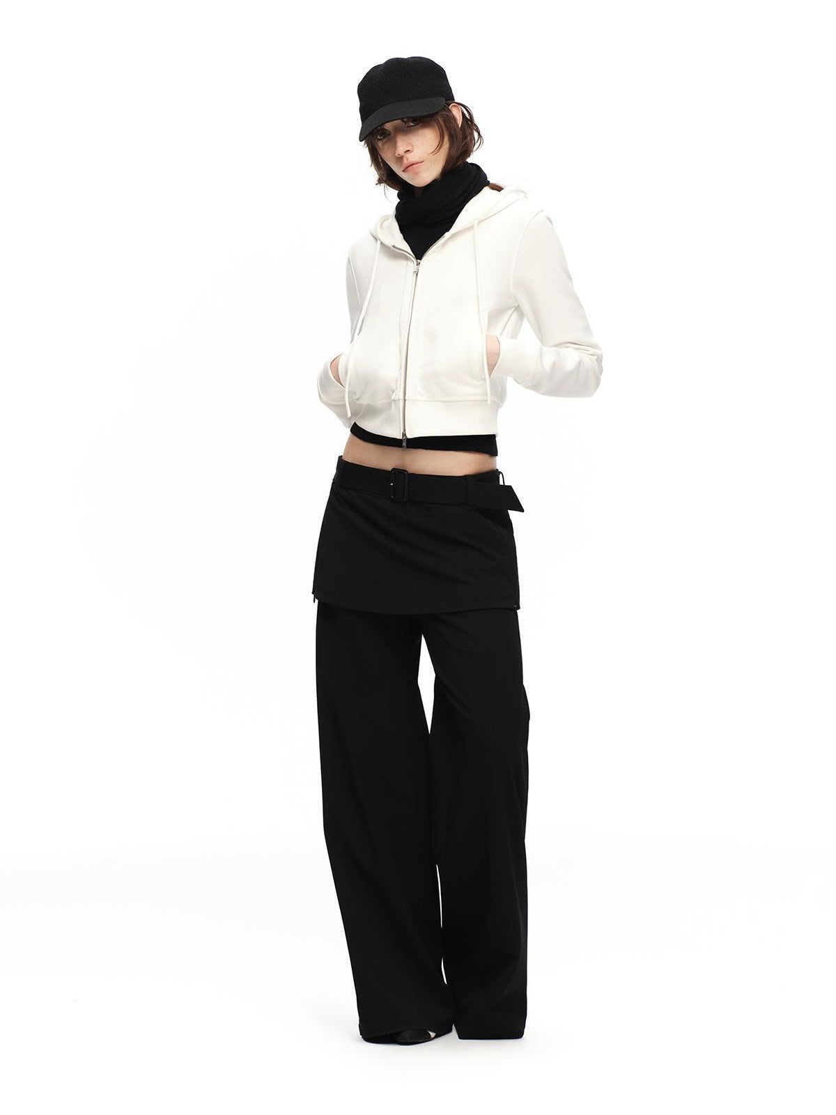 RUN TO THE FUTURE Solid Ruched Zip Front Cropped Hooded Women&