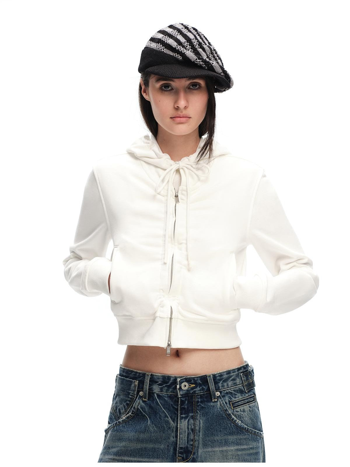RUN TO THE FUTURE Solid Ruched Zip Front Cropped Hooded Women&