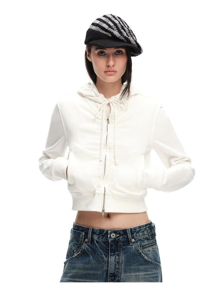 RUN TO THE FUTURE Solid Ruched Zip Front Cropped Hooded Women&