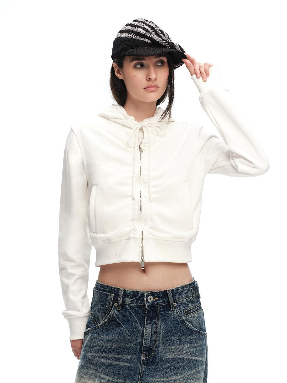 RUN TO THE FUTURE Solid Ruched Zip Front Cropped Hooded Women&