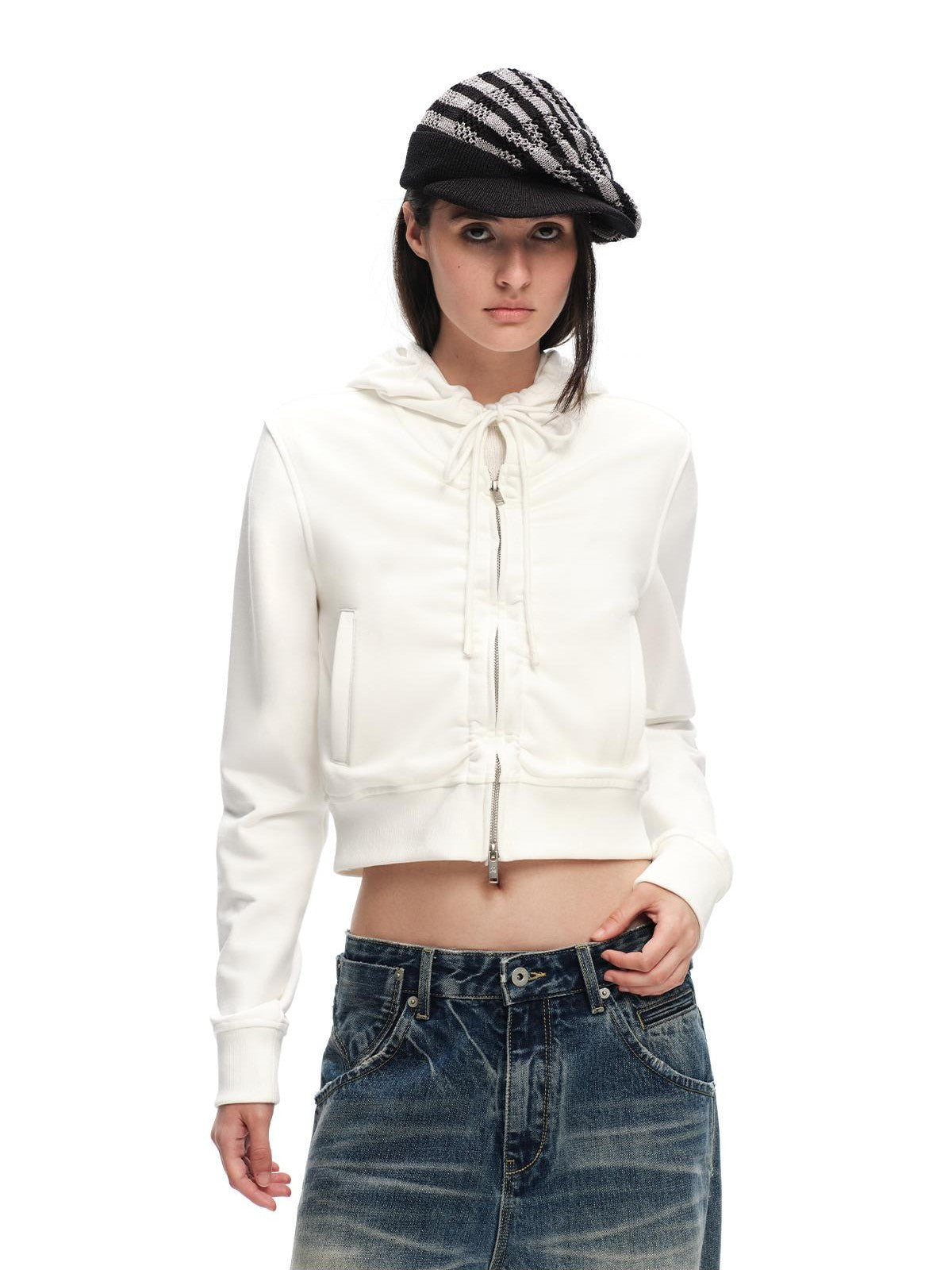 RUN TO THE FUTURE Solid Ruched Zip Front Cropped Hooded Women&