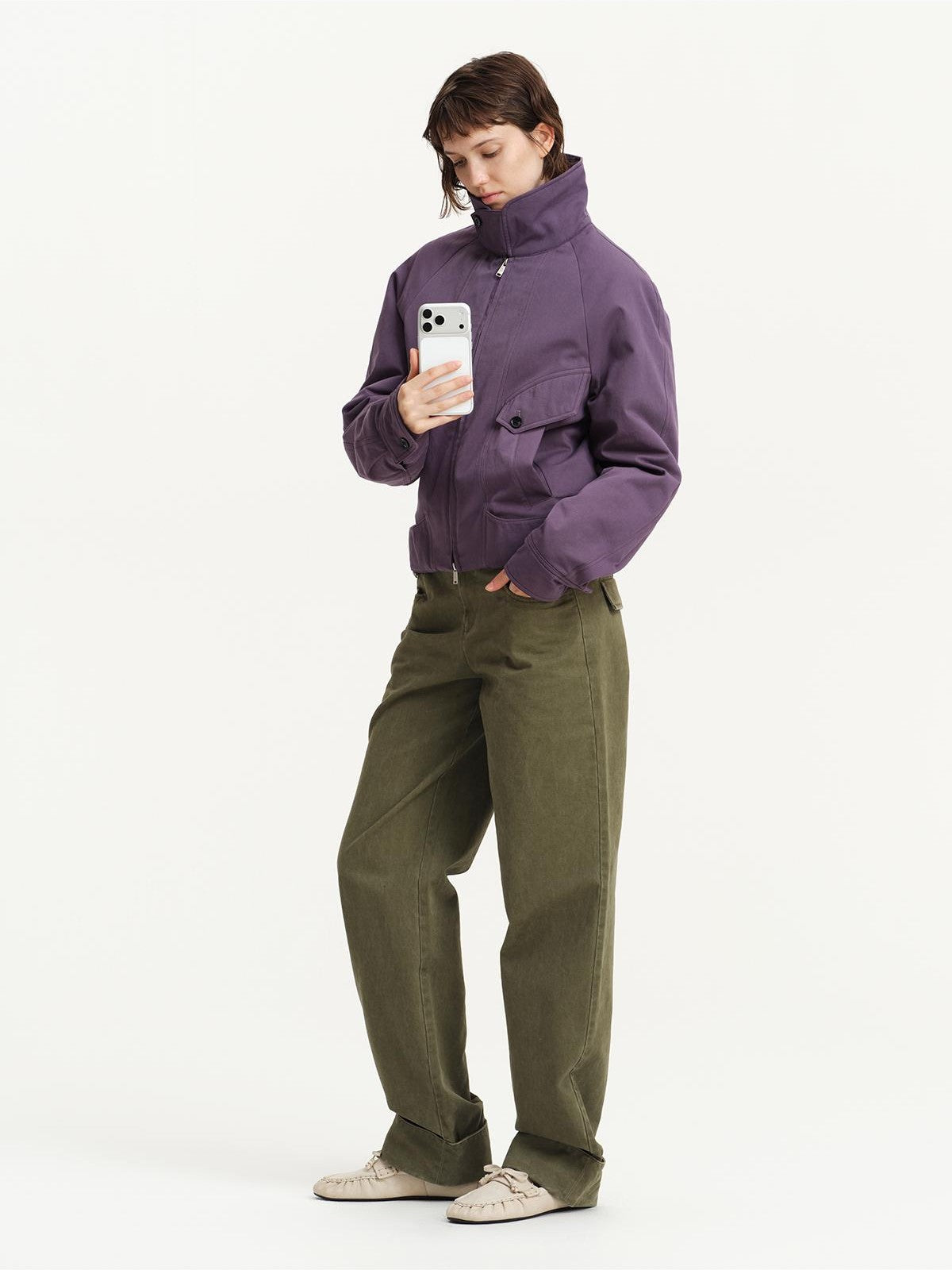 RUN TO THE FUTURE Solid Stand Collar Waist Cinch Loose Utility Women&