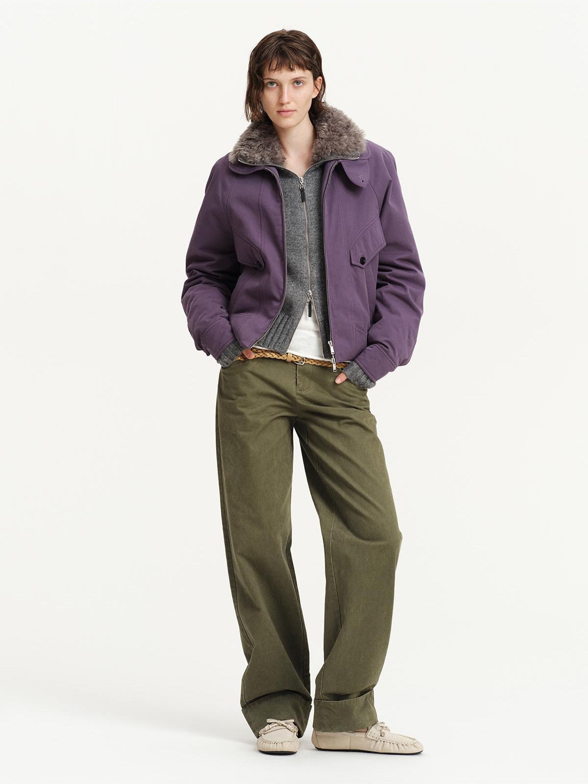 RUN TO THE FUTURE Solid Stand Collar Waist Cinch Loose Utility Women&