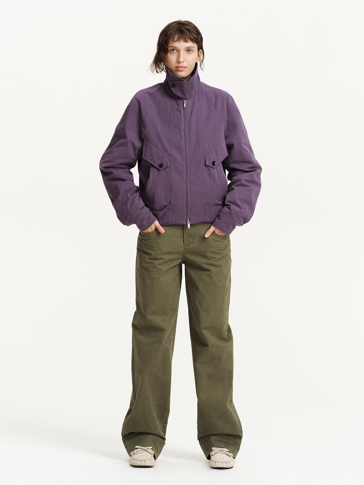 RUN TO THE FUTURE Solid Stand Collar Waist Cinch Loose Utility Women&