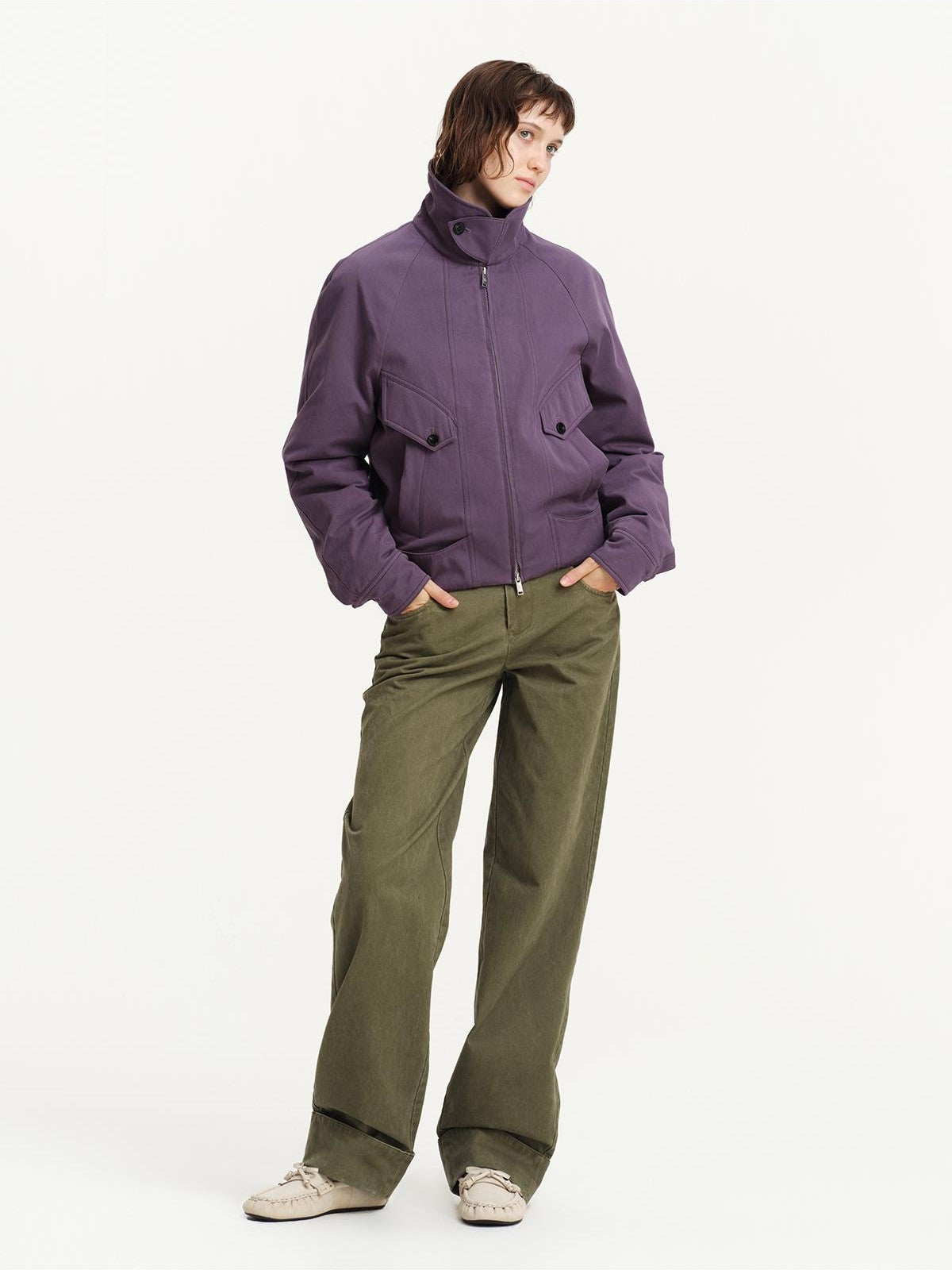 RUN TO THE FUTURE Solid Stand Collar Waist Cinch Loose Utility Women&