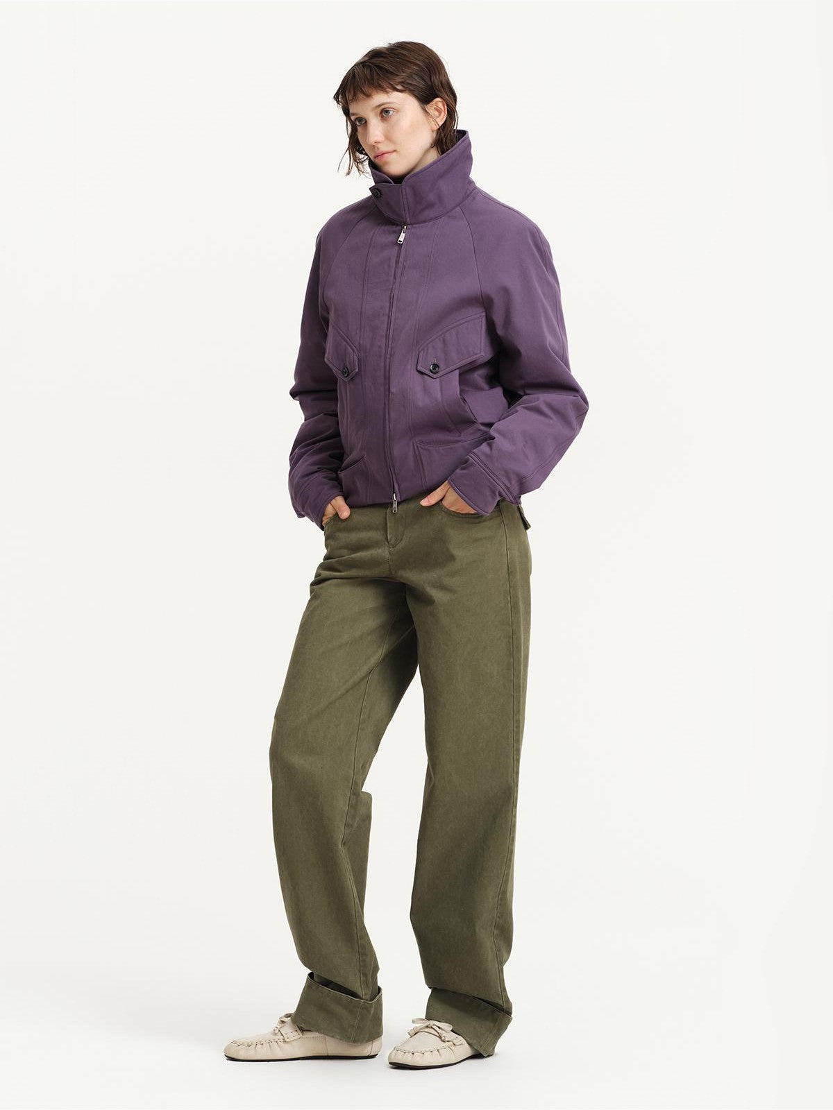 RUN TO THE FUTURE Solid Stand Collar Waist Cinch Loose Utility Women&