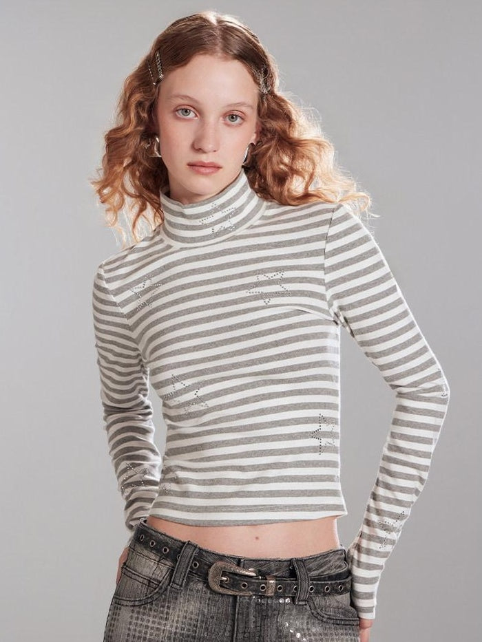 RUN TO THE FUTURE Stretch Cotton Slim High Neck Striped Commuter Women Long Sleeve T-Shirts