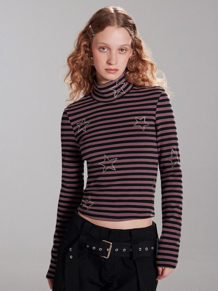RUN TO THE FUTURE Stretch Cotton Slim High Neck Striped Commuter Women Long Sleeve T-Shirts