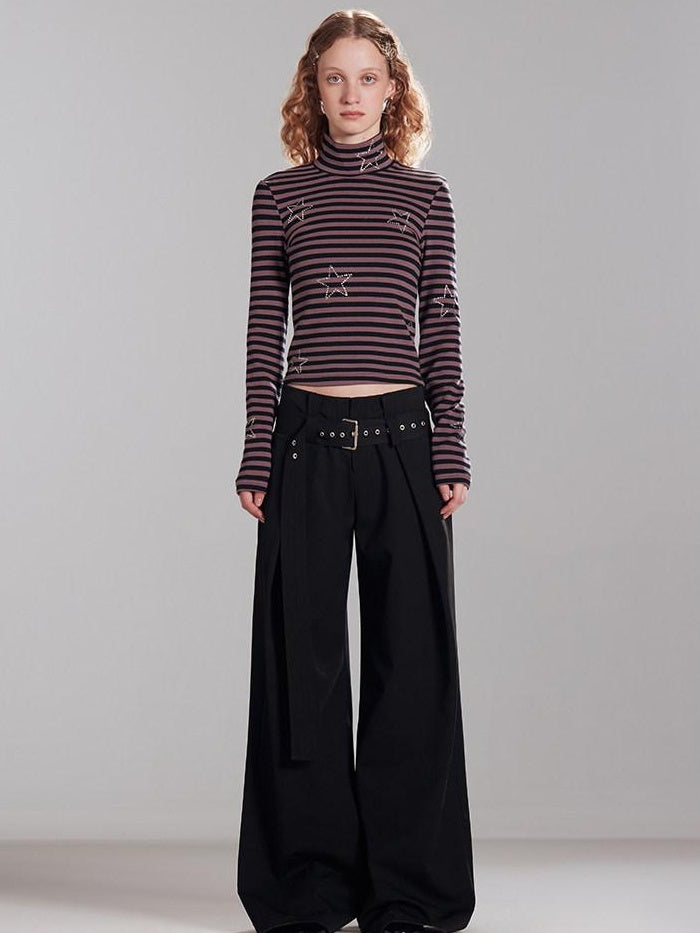 RUN TO THE FUTURE Stretch Cotton Slim High Neck Striped Commuter Women Long Sleeve T-Shirts