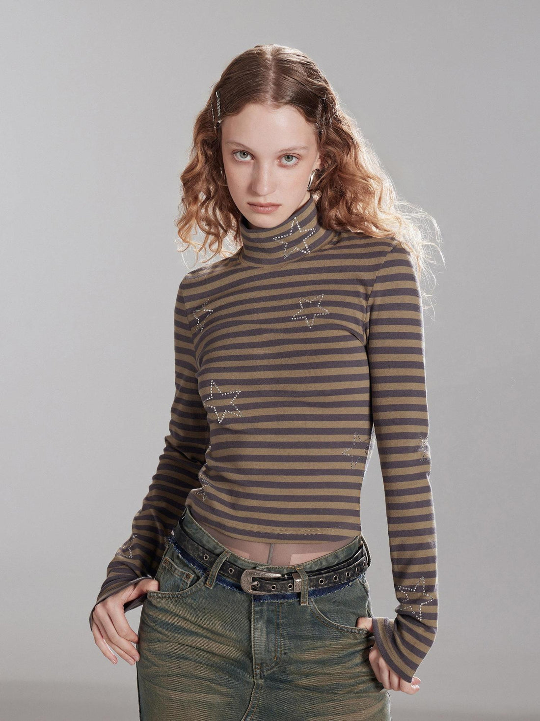 RUN TO THE FUTURE Stretch Cotton Slim High Neck Striped Commuter Women Long Sleeve T-Shirts
