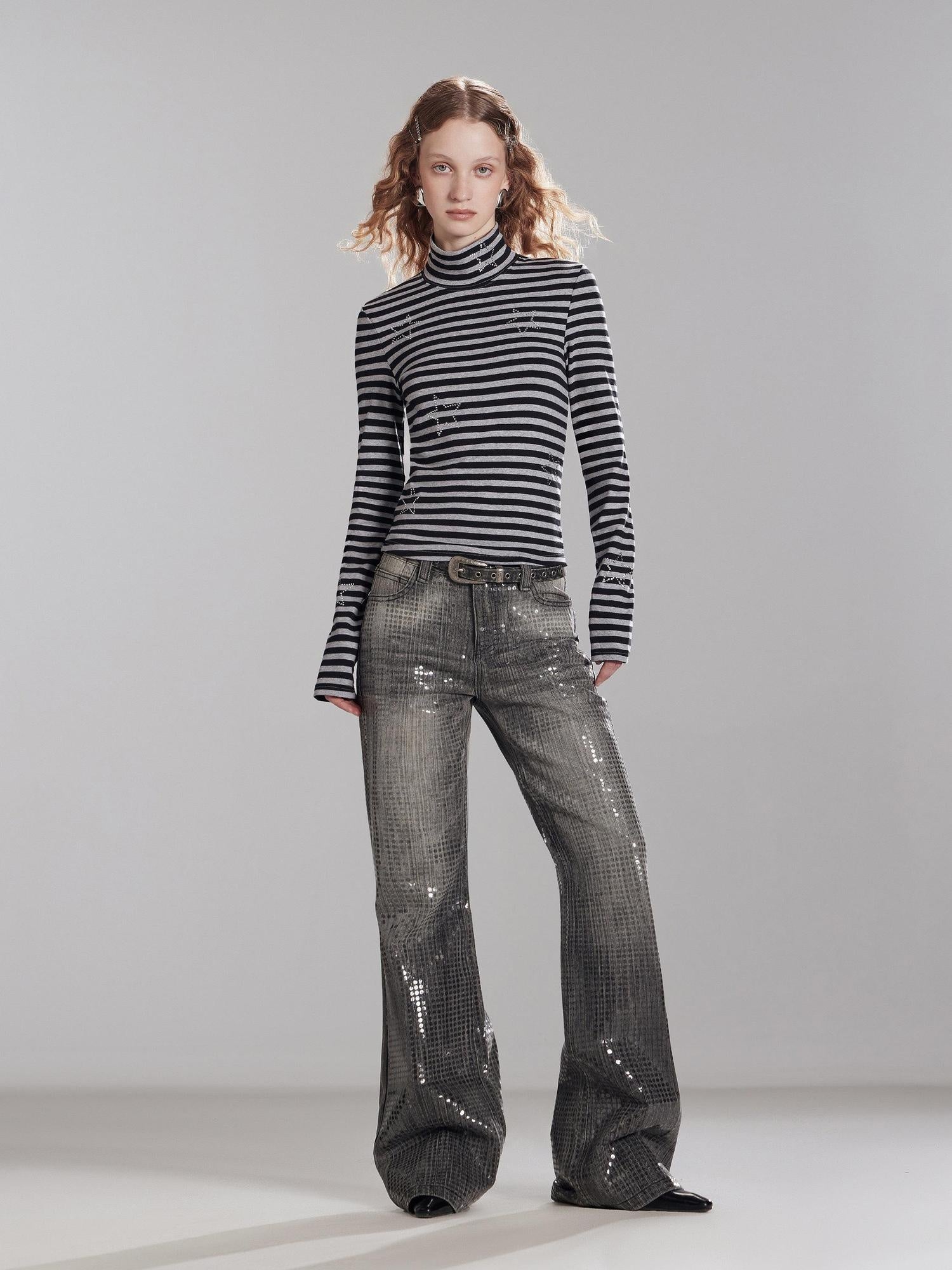 RUN TO THE FUTURE Stretch Cotton Slim High Neck Striped Commuter Women Long Sleeve T-Shirts