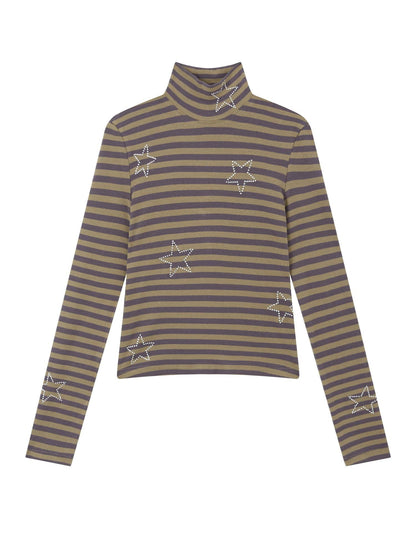 RUN TO THE FUTURE Stretch Cotton Slim High Neck Striped Commuter Women Long Sleeve T-Shirts
