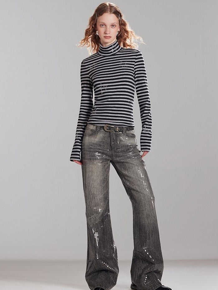 RUN TO THE FUTURE Stretch Cotton Slim High Neck Striped Commuter Women Long Sleeve T-Shirts