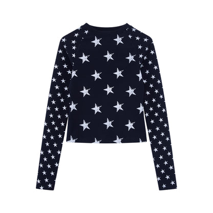 RUN TO THE FUTURE Stretch Cotton Vintage Asymmetric Slim Unisex Star Print Long Sleeve T-Shirts