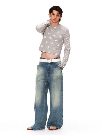 RUN TO THE FUTURE Stretch Cotton Vintage Asymmetric Slim Unisex Star Print Long Sleeve T-Shirts