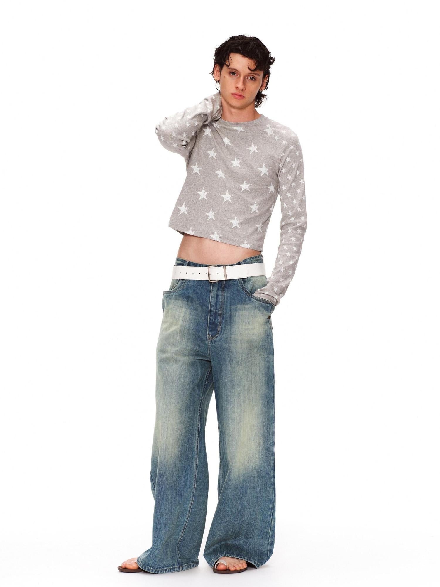 RUN TO THE FUTURE Stretch Cotton Vintage Asymmetric Slim Unisex Star Print Long Sleeve T-Shirts