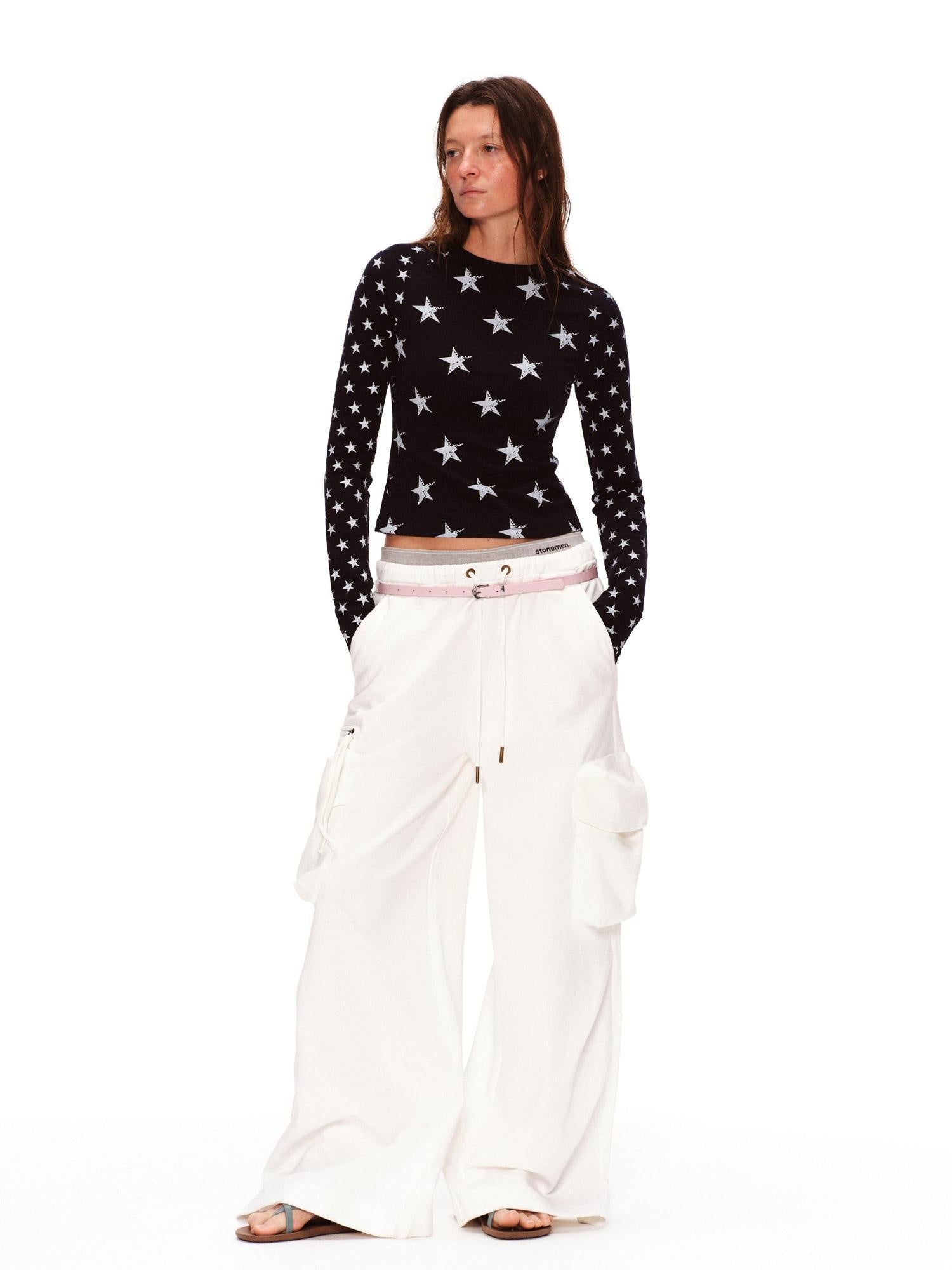 RUN TO THE FUTURE Stretch Cotton Vintage Asymmetric Slim Unisex Star Print Long Sleeve T-Shirts