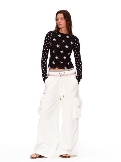 RUN TO THE FUTURE Stretch Cotton Vintage Asymmetric Slim Unisex Star Print Long Sleeve T-Shirts