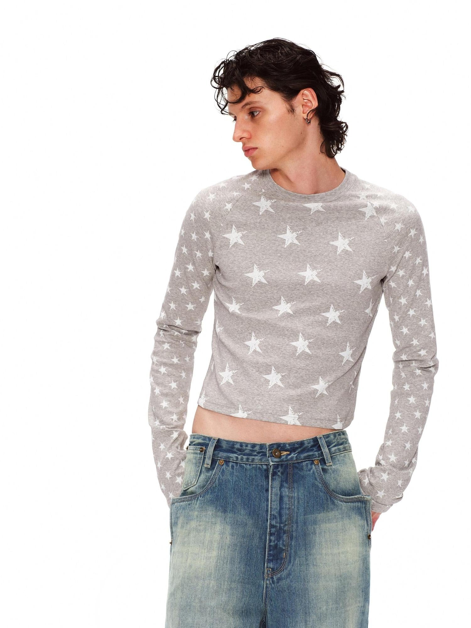 RUN TO THE FUTURE Stretch Cotton Vintage Asymmetric Slim Unisex Star Print Long Sleeve T-Shirts