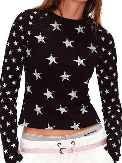 RUN TO THE FUTURE Stretch Cotton Vintage Asymmetric Slim Unisex Star Print Long Sleeve T-Shirts