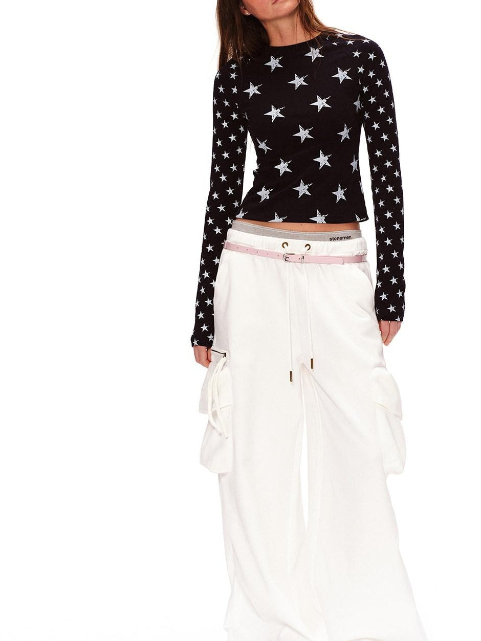 RUN TO THE FUTURE Stretch Cotton Vintage Asymmetric Slim Unisex Star Print Long Sleeve T-Shirts
