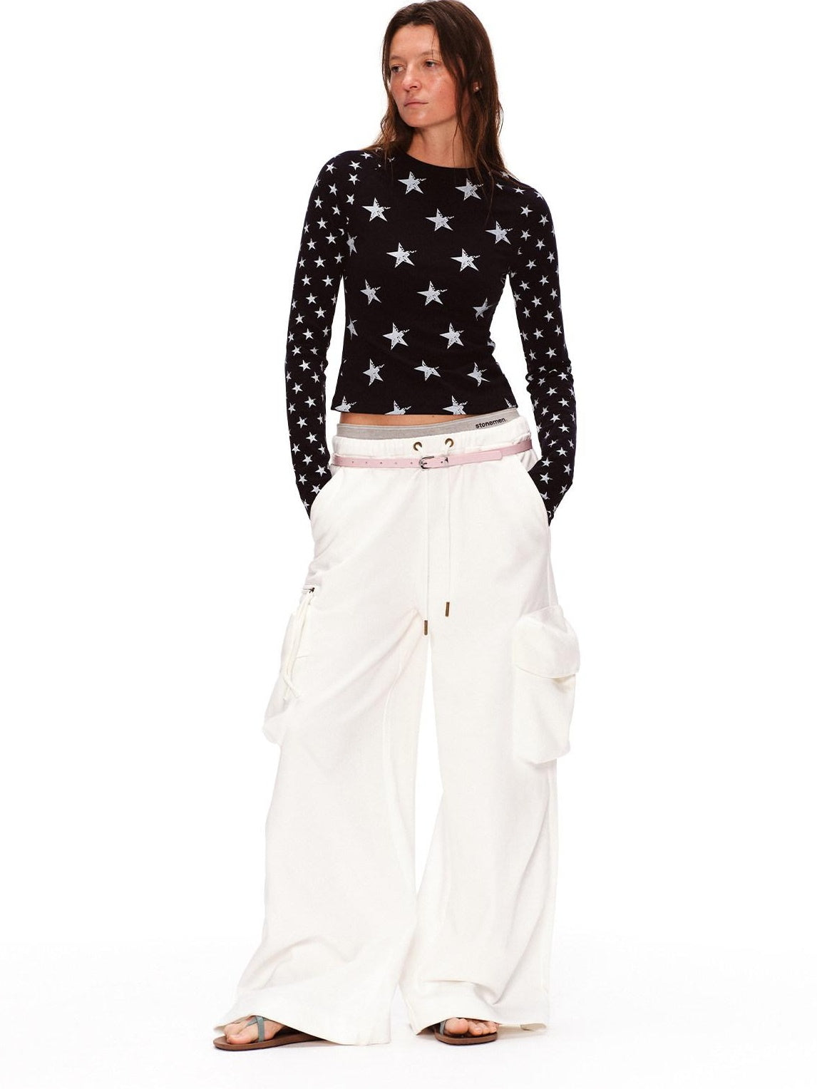 RUN TO THE FUTURE Stretch Cotton Vintage Asymmetric Slim Unisex Star Print Long Sleeve T-Shirts
