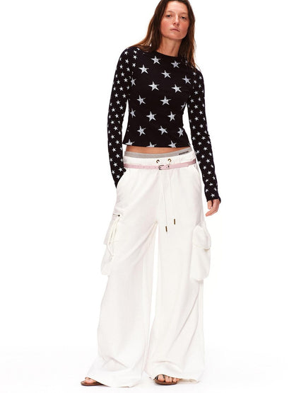 RUN TO THE FUTURE Stretch Cotton Vintage Asymmetric Slim Unisex Star Print Long Sleeve T-Shirts