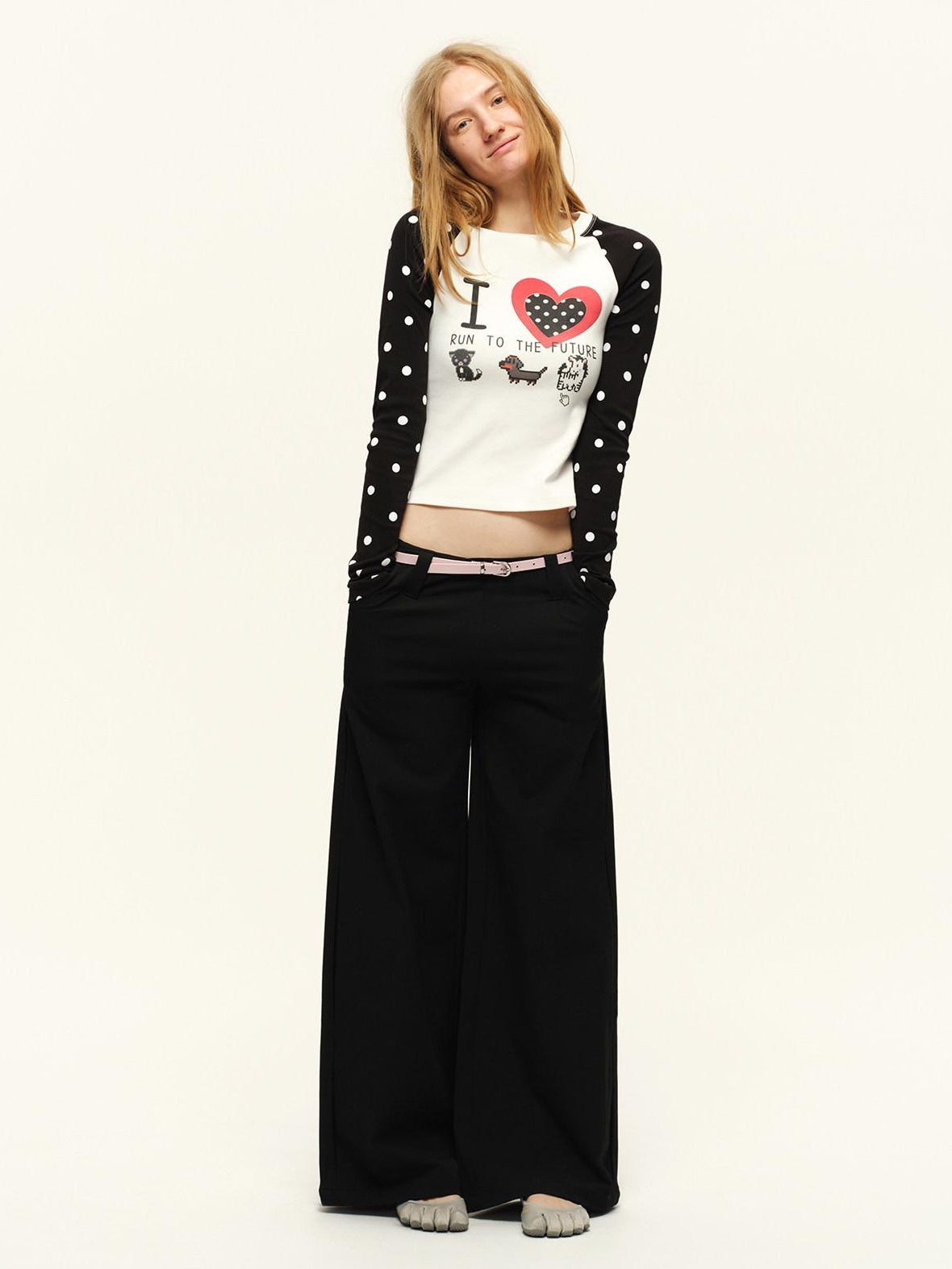 RUN TO THE FUTURE Stretch Low Rise Zipper Casual Women Solid Black Straight Wide-Leg Pants