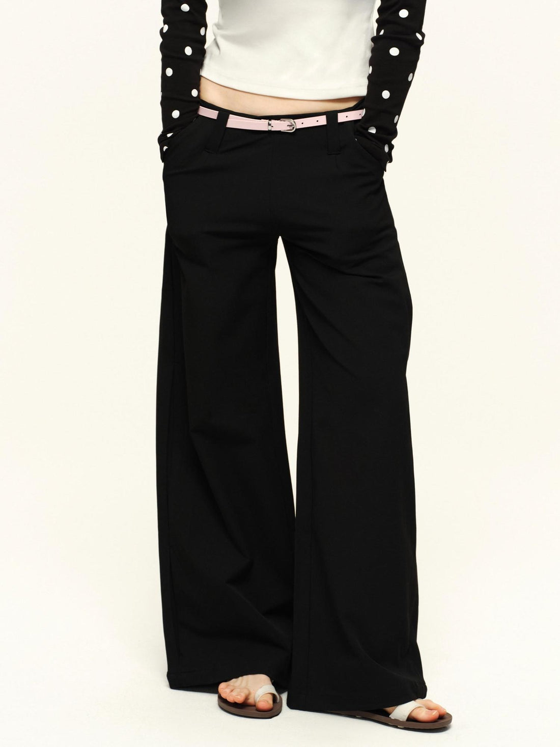 RUN TO THE FUTURE Stretch Low Rise Zipper Casual Women Solid Black Straight Wide-Leg Pants