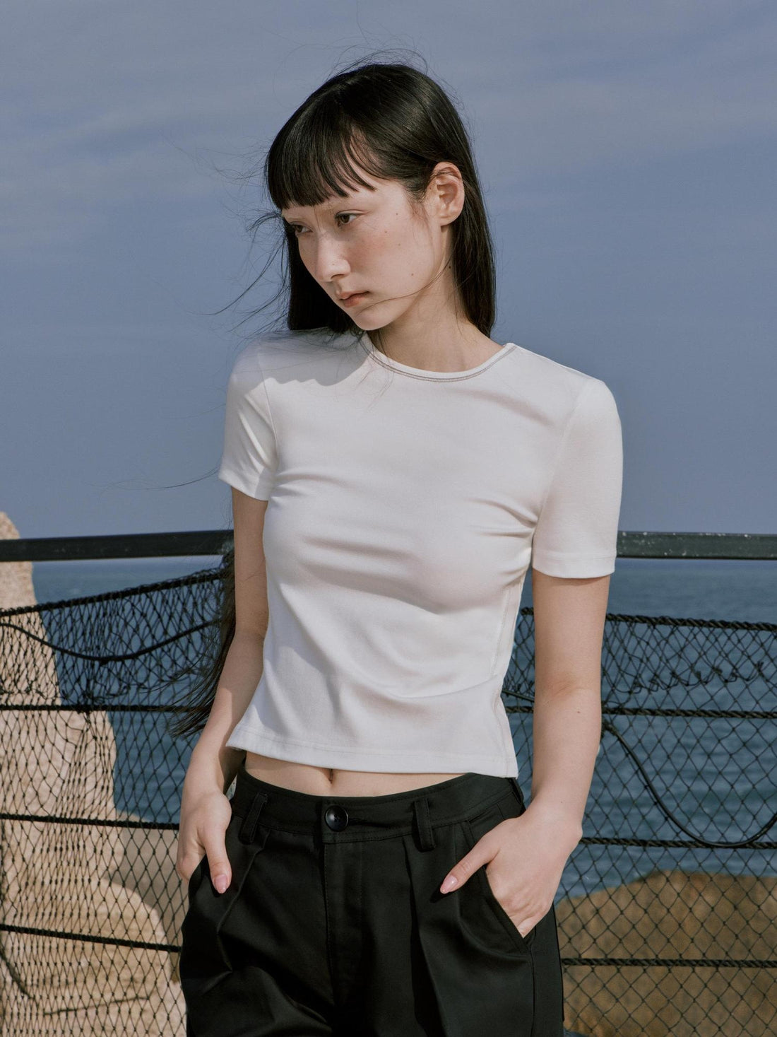 RUN TO THE FUTURE Stretch Viscose Blend Vintage Commuter Slim Short Sleeve Round Neck Crop Tops
