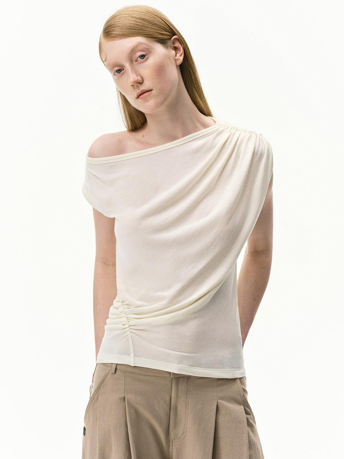 RUN TO THE FUTURE Striped Asymmetrical One Shoulder Pleated Women&