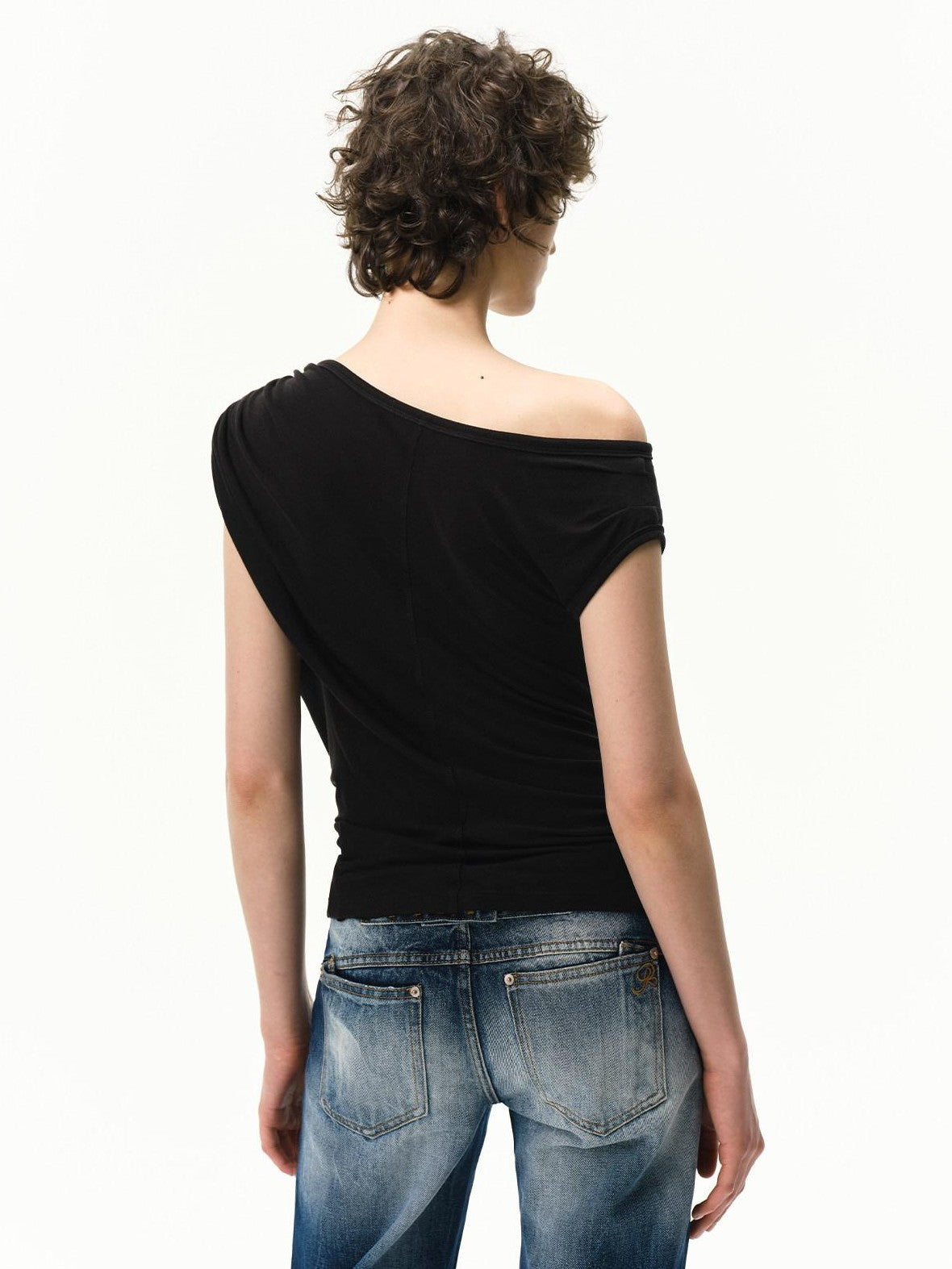 RUN TO THE FUTURE Striped Asymmetrical One Shoulder Pleated Women&