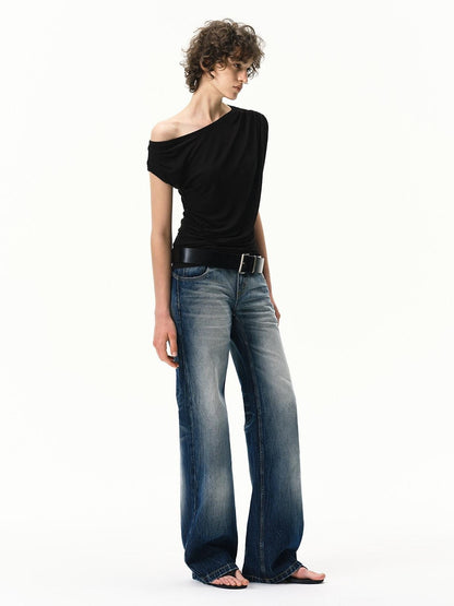 RUN TO THE FUTURE Striped Asymmetrical One Shoulder Pleated Women&
