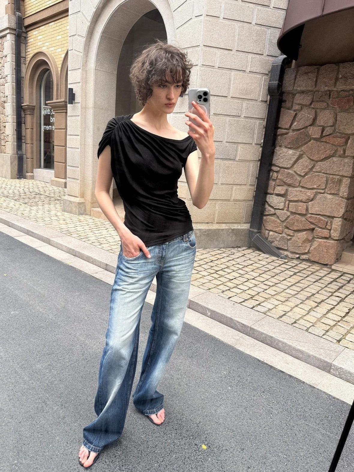 RUN TO THE FUTURE Striped Asymmetrical One Shoulder Pleated Women&
