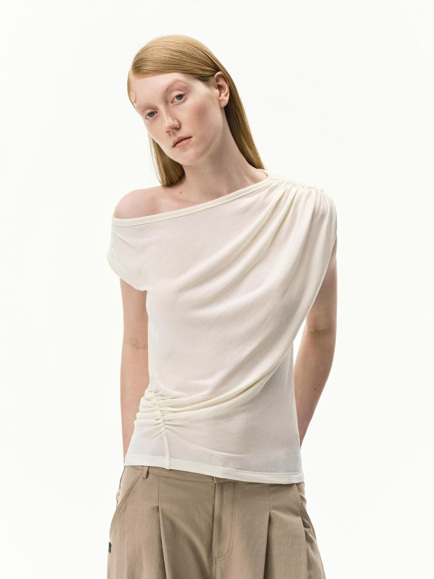 RUN TO THE FUTURE Striped Asymmetrical One Shoulder Pleated Women&