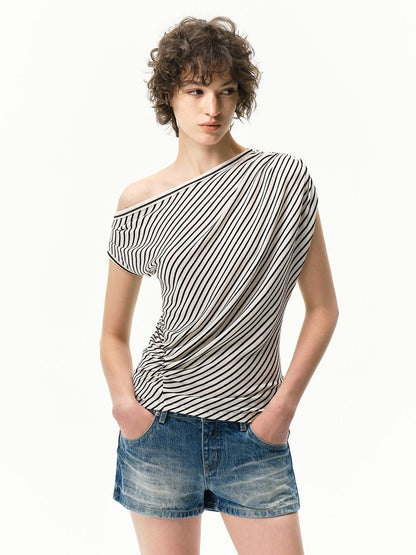 RUN TO THE FUTURE Striped Asymmetrical One Shoulder Pleated Women&