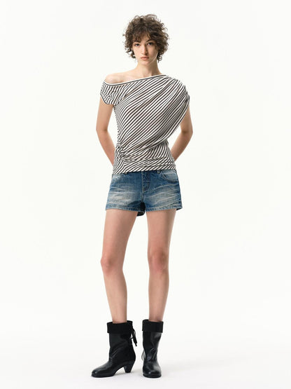 RUN TO THE FUTURE Striped Asymmetrical One Shoulder Pleated Women&