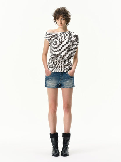 RUN TO THE FUTURE Striped Asymmetrical One Shoulder Pleated Women&