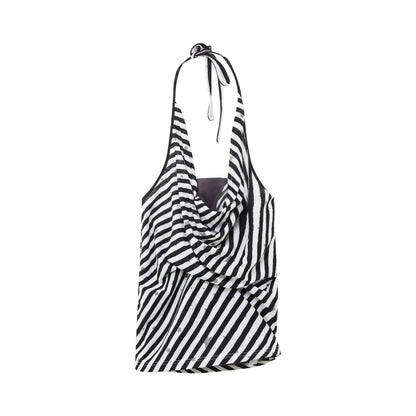 RUN TO THE FUTURE Striped Printed Tie Halter Slim Fit Women No Padding Breathable Tank Tops