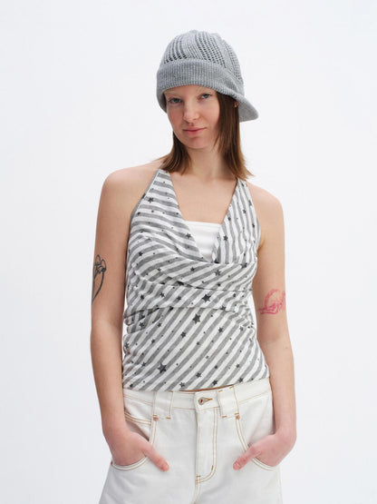 RUN TO THE FUTURE Striped Printed Tie Halter Slim Fit Women No Padding Breathable Tank Tops