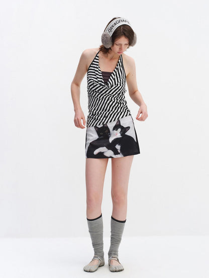 RUN TO THE FUTURE Striped Printed Tie Halter Slim Fit Women No Padding Breathable Tank Tops