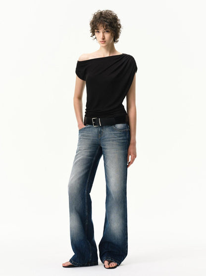 RUN TO THE FUTURE Sunset Blue Retro Low Waist Paris Button Women&