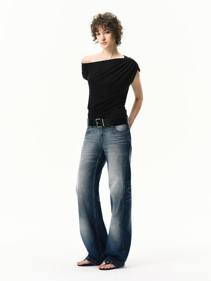 RUN TO THE FUTURE Sunset Blue Retro Low Waist Paris Button Women&