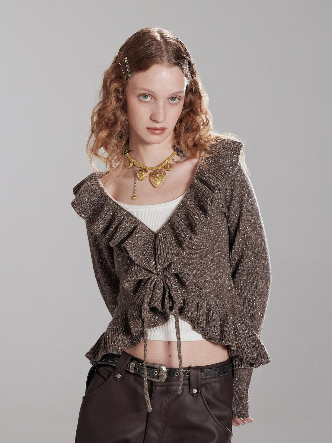 RUN TO THE FUTURE Thermal Warm Ruffle Tie Slim Short Coffee Brown Commuter Knit Cardigans