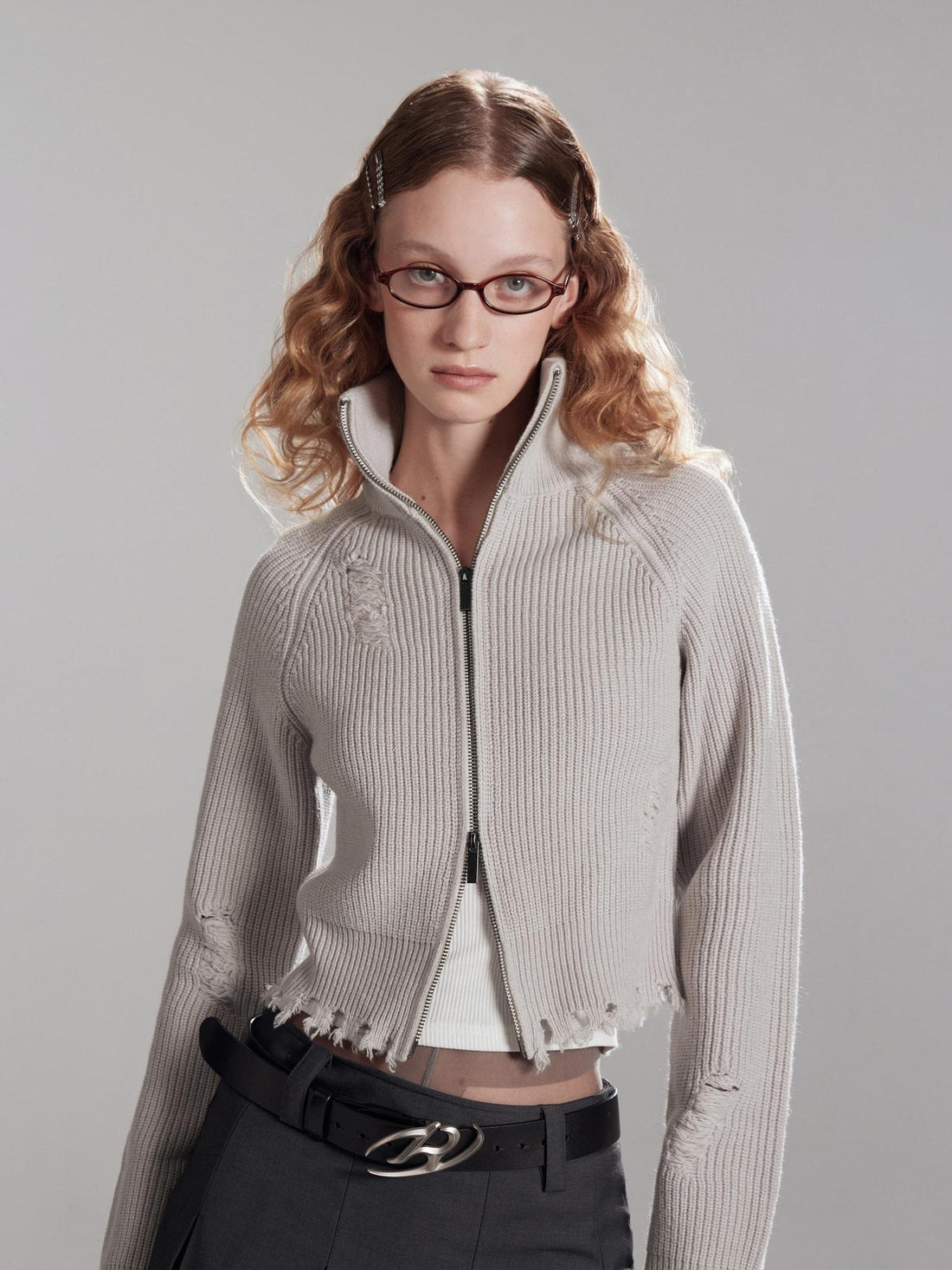 RUN TO THE FUTURE Thermal Zip Stand Collar Slim Short Distressed Asymmetrical Cardigans