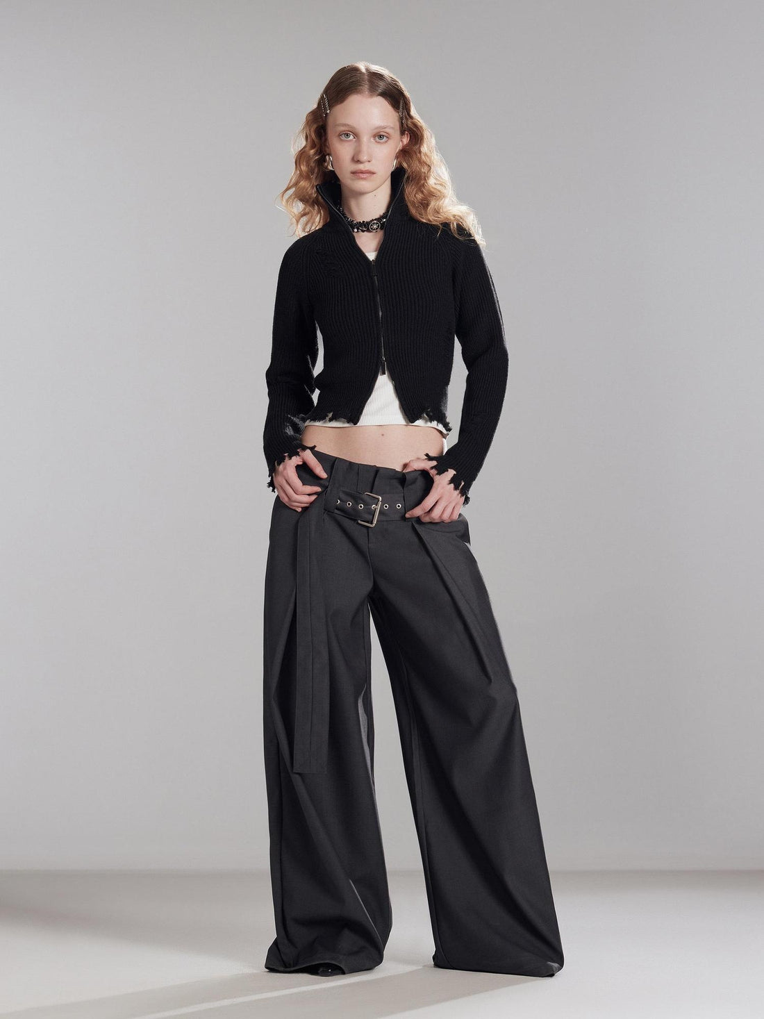 RUN TO THE FUTURE Thermal Zip Stand Collar Slim Short Distressed Asymmetrical Cardigans