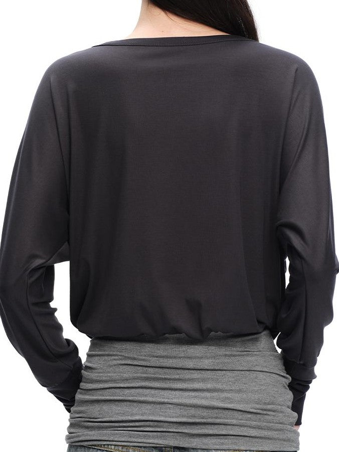 RUN TO THE FUTURE V-neck One Shoulder Contrast Trim Loose Fit Lyocell Women&