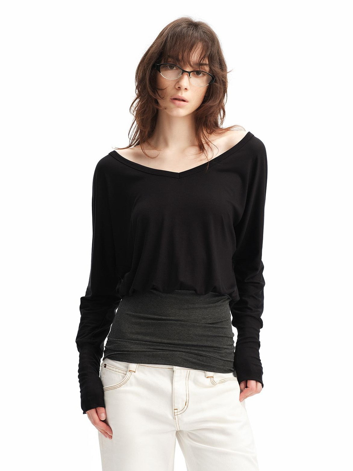 RUN TO THE FUTURE V-neck One Shoulder Contrast Trim Loose Fit Lyocell Women&