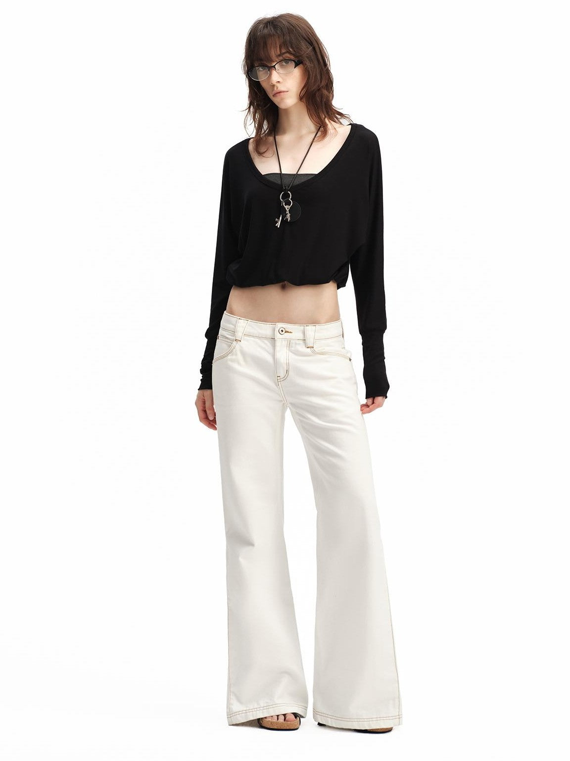 RUN TO THE FUTURE V-neck One Shoulder Contrast Trim Loose Fit Lyocell Women&